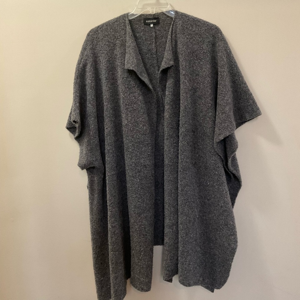 Eskandar Long Gray Wool Blend Oversized Lagenlook Open Sweater Jacket Size OS